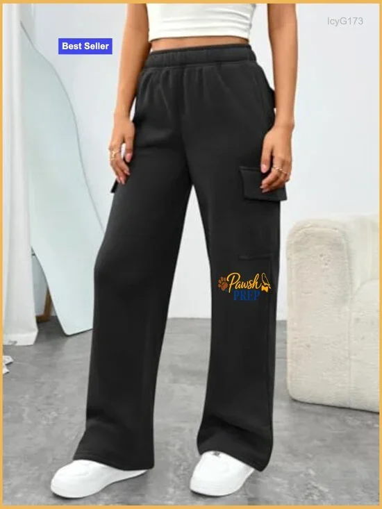 Wide Leg Cargo Sweatpants with 6 Pockets, Elastic Waist, Cotton Blend - Picture 2 of 6